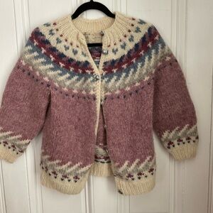 Vintage Icelandic sweater, mauve, blue, and cream cardigan wool
